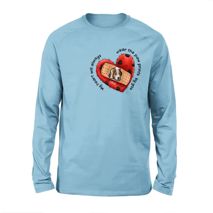 Personalized Memorial Shirt/Hoodie - Upload Dog Photo - Memorial Gift Idea For Dog Owner - My Heart Will Always Wear The Paw Prints By You