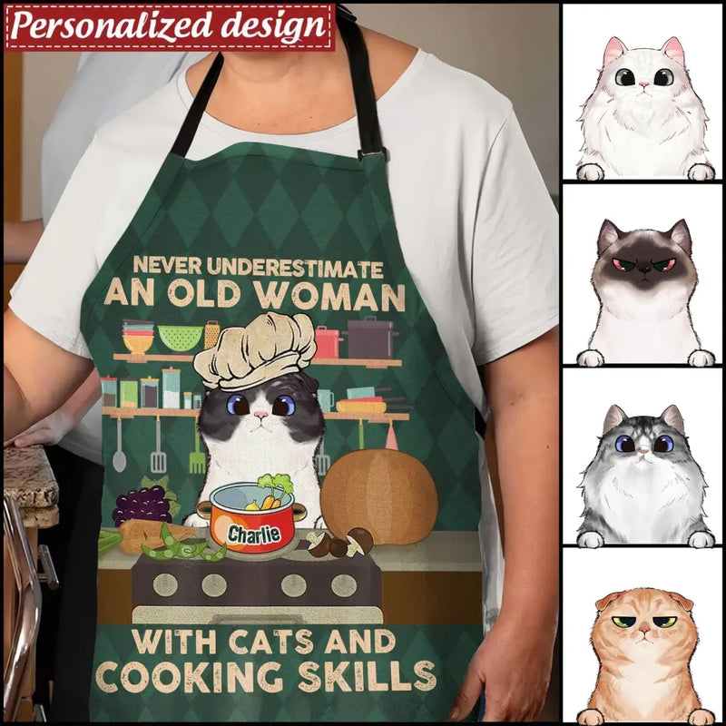 Personalized Cat Mom/Cat Dad Fashion Home Pocketless Apron - Up to 3 Cats - Gift Idea for Cat Lovers/Cooking Lover - Never Underestimate An Old Man With Cats And Cooking Skills