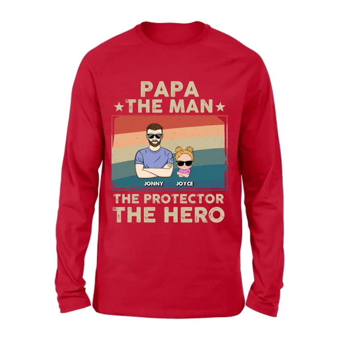 Personalized Grandpa Shirt/Hoodie - Grandpa with up to 9 Grandchildren - Father's Day Gift Idea for Grandpa - Papa The Man The Protector The Hero