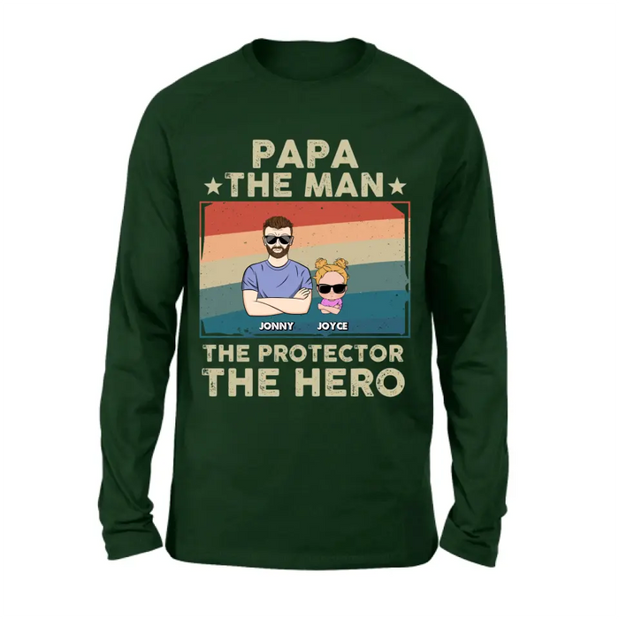 Personalized Grandpa Shirt/Hoodie - Grandpa with up to 9 Grandchildren - Father's Day Gift Idea for Grandpa - Papa The Man The Protector The Hero