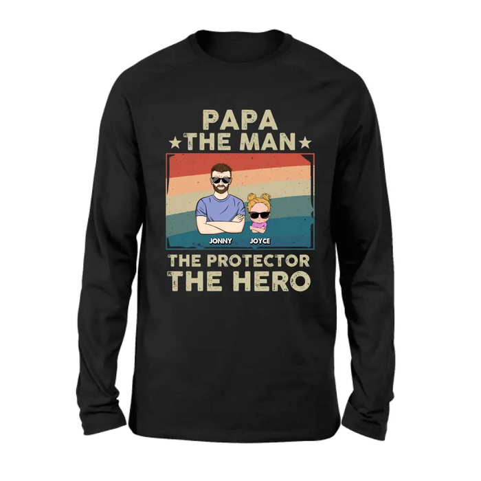 Personalized Grandpa Shirt/Hoodie - Grandpa with up to 9 Grandchildren - Father's Day Gift Idea for Grandpa - Papa The Man The Protector The Hero