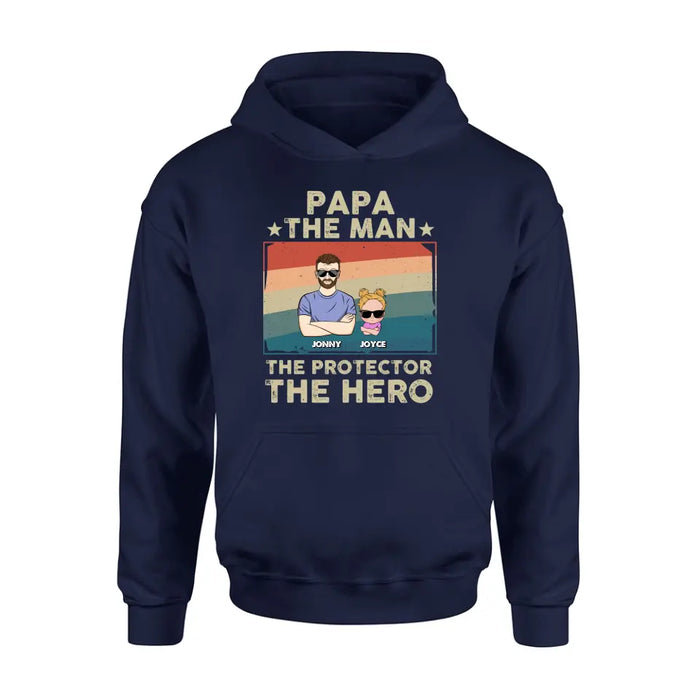 Personalized Grandpa Shirt/Hoodie - Grandpa with up to 9 Grandchildren - Father's Day Gift Idea for Grandpa - Papa The Man The Protector The Hero