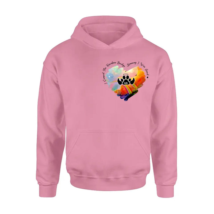 Personalized Memorial Rainbow Dog Shirt/Hoodie - Memorial Gift Idea For Dog Owners - I Crossed The Rainbow Bridge Knowing I Was Loved