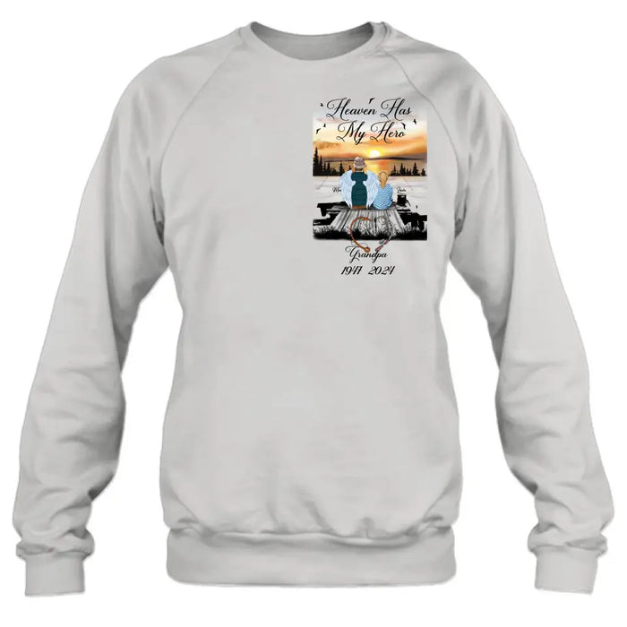 Personalized Memorial Fishing Grandpa Shirt/Hoodie - Memorial Gift Idea For Dad/Grandpa/Father's Day - Heaven Has My Hero