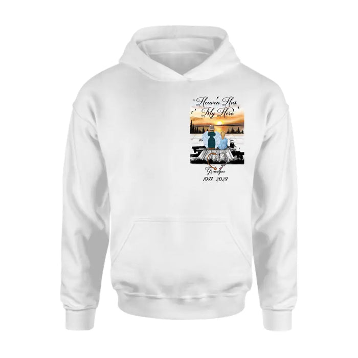 Personalized Memorial Fishing Grandpa Shirt/Hoodie - Memorial Gift Idea For Dad/Grandpa/Father's Day - Heaven Has My Hero