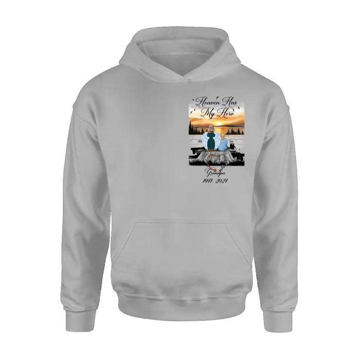 Personalized Memorial Fishing Grandpa Shirt/Hoodie - Memorial Gift Idea For Dad/Grandpa/Father's Day - Heaven Has My Hero