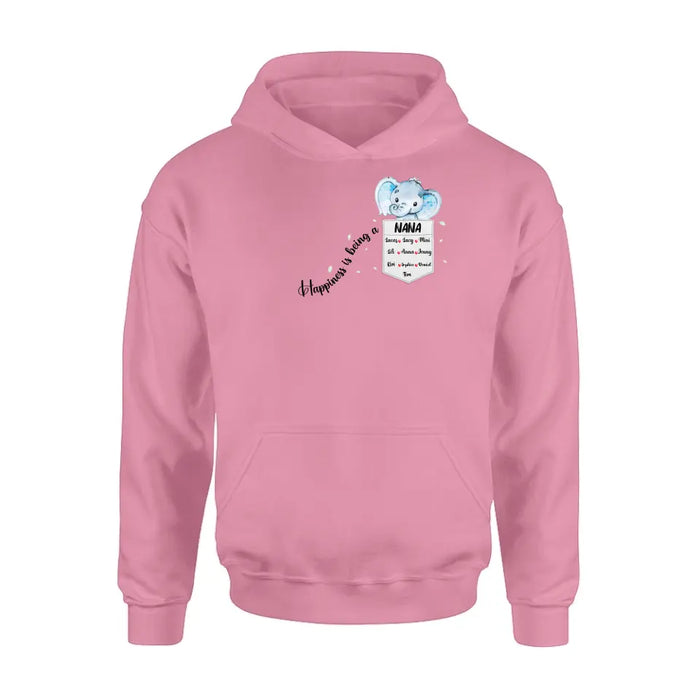 Personalized Nana Elephant Shirt/Hoodie - Mother's Day Gift Idea For Grandma/Mom - Up to 10 Kids - Happiness Is Being A Nana