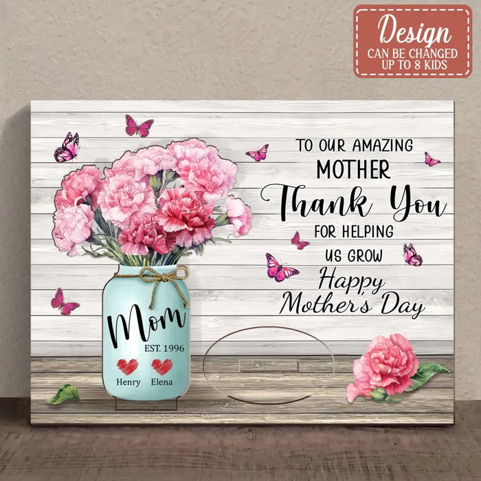 Personalized Carnations Wooden Mother's Card - Up to 4 Kids - Mother's Day Gift Idea For Mom - Thank You For Helping Me Grow