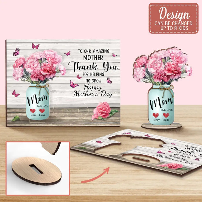 Personalized Carnations Wooden Mother's Card - Up to 4 Kids - Mother's Day Gift Idea For Mom - Thank You For Helping Me Grow