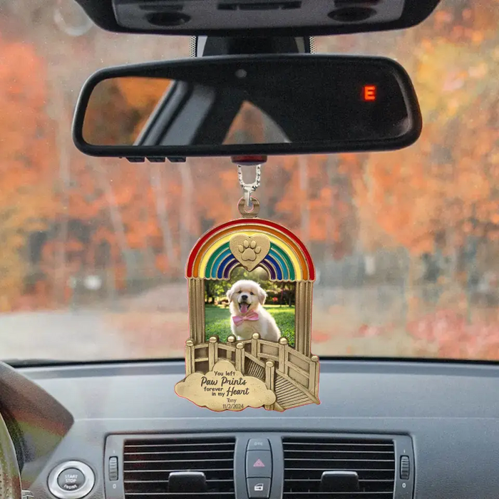 Personalized Rainbow Bridge Pet Memorial Aluminum Car Ornament - Upload Photo - Memorial Gift Idea For Pet Lovers - You Left Pawprints Forever In My Heart