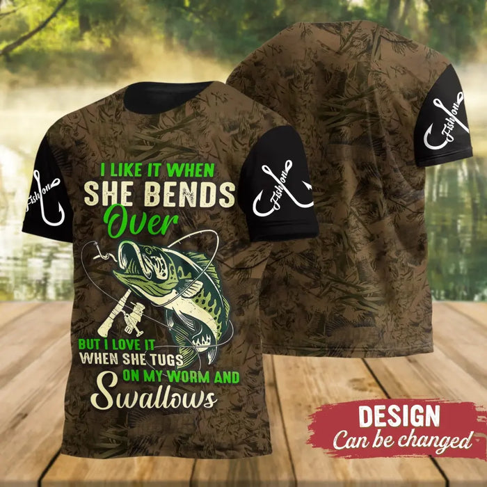 Personalized Fishing Hookin' AOP T-Shirt - Funny Gift Idea For Fishing Lovers/Father's Day - Gift To Husband/Boyfriend - I Like It When She Bends Over
