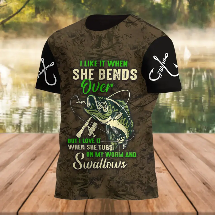 Personalized Fishing Hookin' AOP T-Shirt - Funny Gift Idea For Fishing Lovers/Father's Day - Gift To Husband/Boyfriend - I Like It When She Bends Over