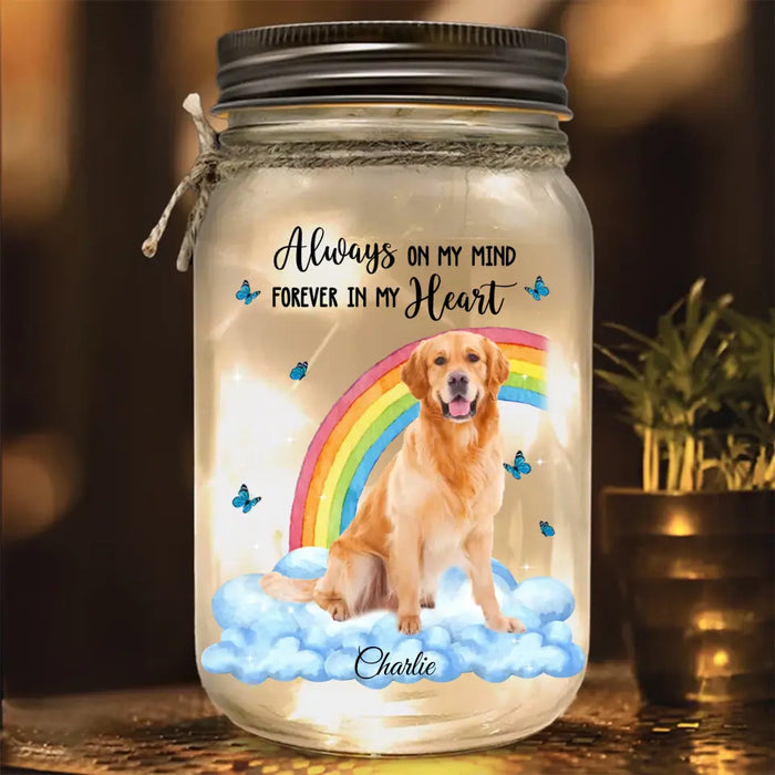 Personalized Pet Photo Mason Jar Light - Memorial Gift Idea for Pet Owners - Always On My Mind Forever In My Heart