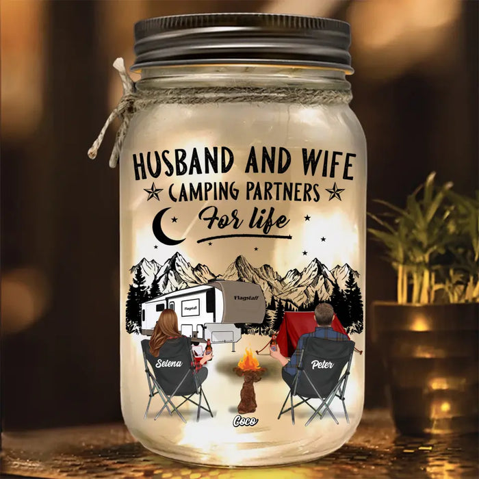 Personalized Camping Mason Jar Light - Gift Idea for Camping Lovers - Up to 4 Kids & 3 Pets - Husband And Wife Camping Partners For Life