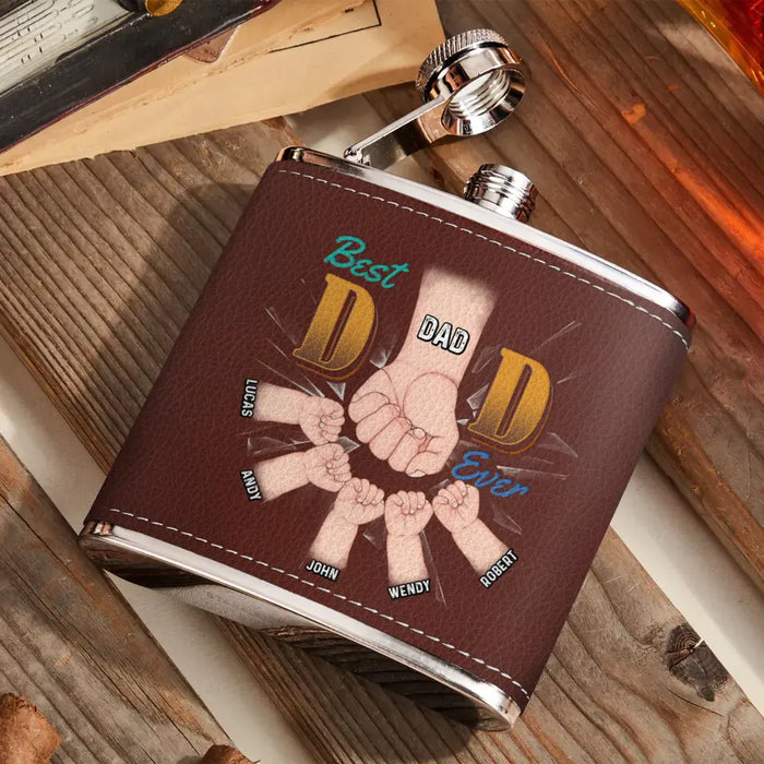 Personalized Best Dad Ever Leather Flask - Up to 5 Kids - Gift Idea For Dad/Father's Day