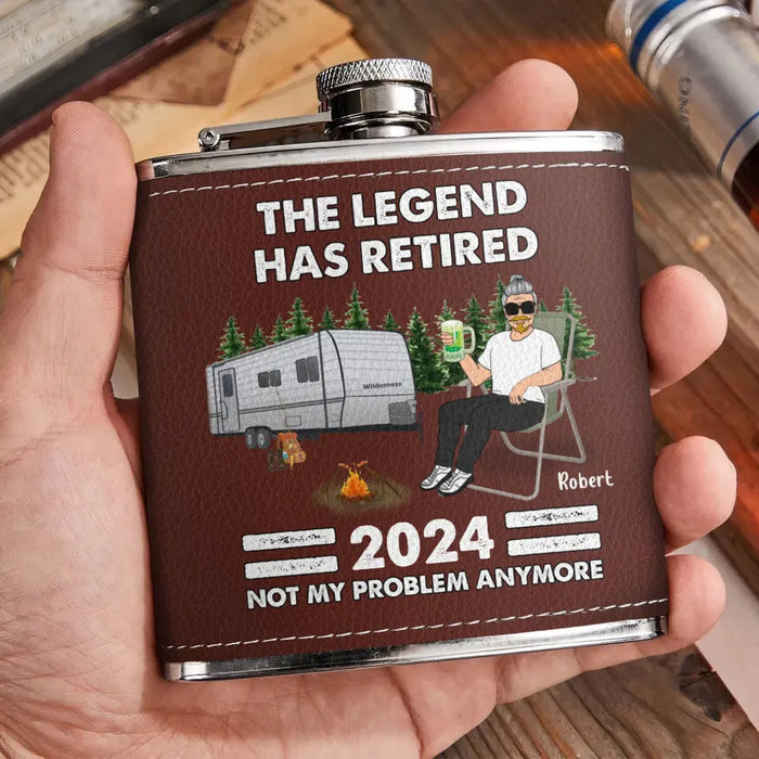 Personalized Camping Leather Flask - Retirement Gift Idea For Camping Lover/Grandparents - The Legend Has Retired Not My Problem Anymore