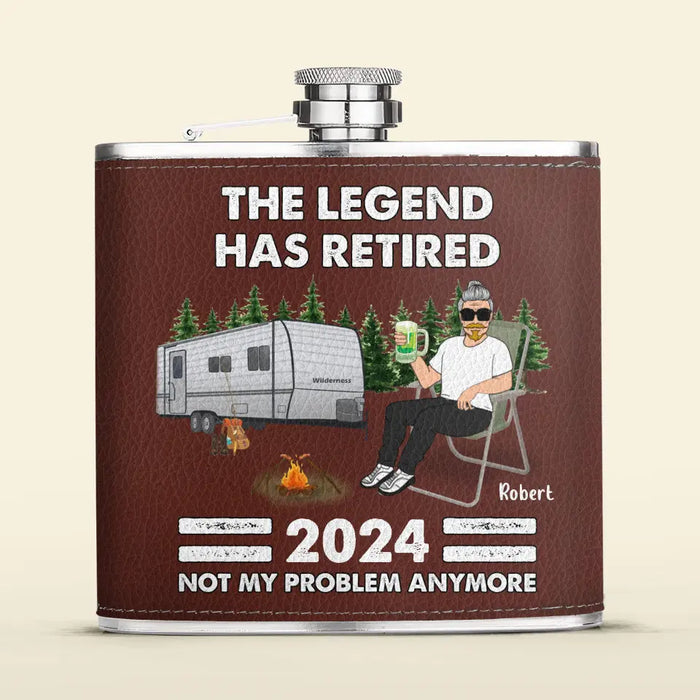 Personalized Camping Leather Flask - Retirement Gift Idea For Camping Lover/Grandparents - The Legend Has Retired Not My Problem Anymore