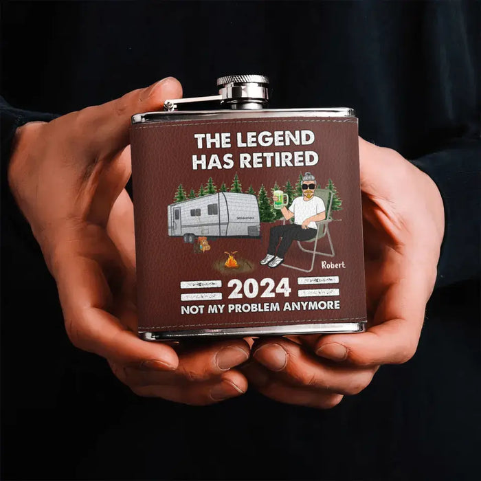 Personalized Camping Leather Flask - Retirement Gift Idea For Camping Lover/Grandparents - The Legend Has Retired Not My Problem Anymore