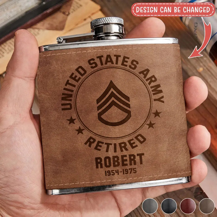 Personalized US Military Veteran Leather Flask - Gift Idea For Dad/Son/Friend/Veteran