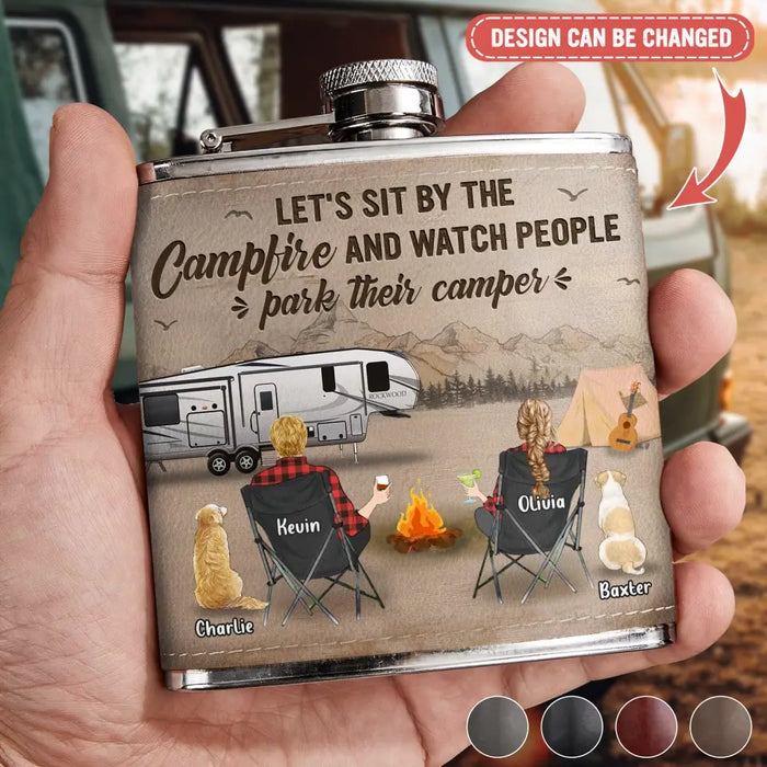 Personalized Camping Leather Flask - Gift Idea For Camping Lover/Couple/Family - Couple/Parents With Up to 3 Kids And 2 Pets - Let's Sit By The Campfire And Watch People Park Their Campers