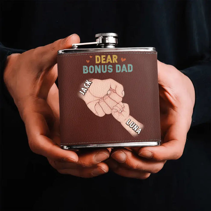 Personalized Bonus Dad Leather Flask - Dad with up to 6 Kids - Father's Day Gift Idea For Dad - Thank You For Stepping And Becoming The Dad You Didn't Have To Be