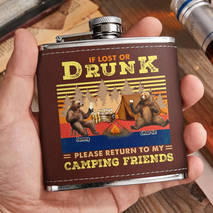 Personalized Camping Leather Flask - Up to 6 Bears - Father's Day Gift Idea for Camping Lovers - If Lost Or Drunk Please Return To My Camping Friends