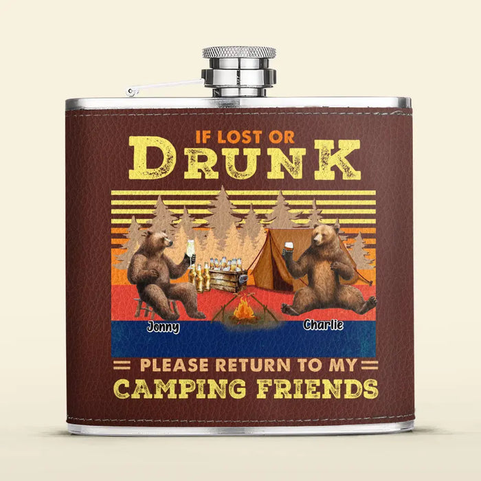 Personalized Camping Leather Flask - Up to 6 Bears - Father's Day Gift Idea for Camping Lovers - If Lost Or Drunk Please Return To My Camping Friends