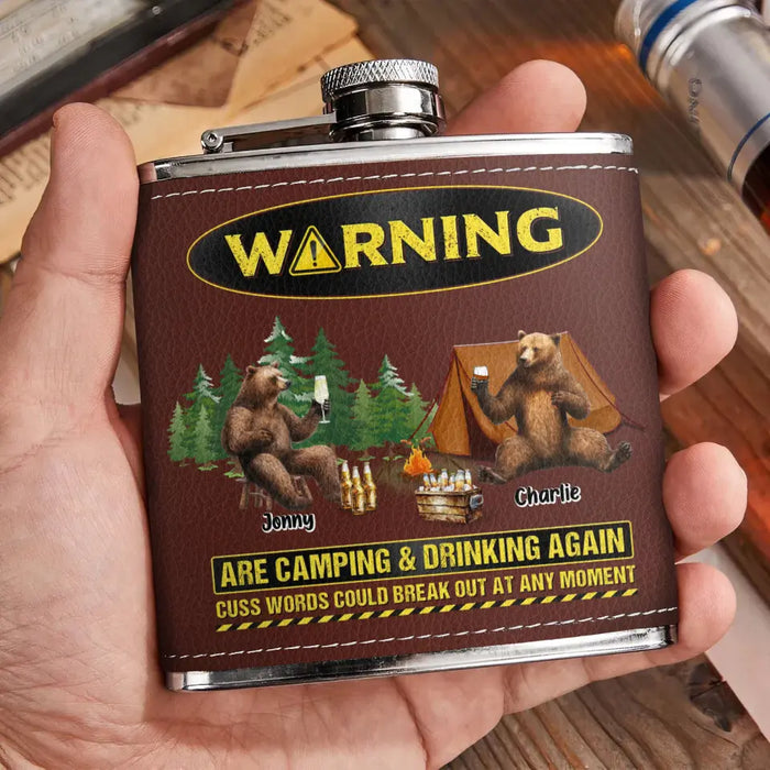 Personalized Camping Leather Flask - Up to 6 Bears - Father's Day Gift Idea for Camping Lovers - Warning Are Camping & Drinking Again