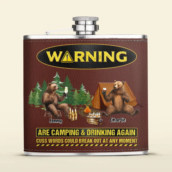 Personalized Camping Leather Flask - Up to 6 Bears - Father's Day Gift Idea for Camping Lovers - Warning Are Camping & Drinking Again