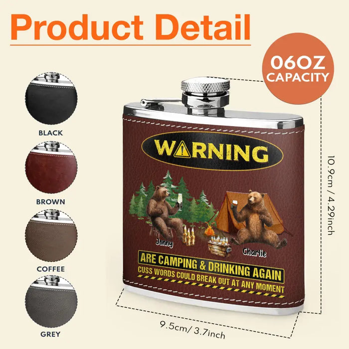 Personalized Camping Leather Flask - Up to 6 Bears - Father's Day Gift Idea for Camping Lovers - Warning Are Camping & Drinking Again