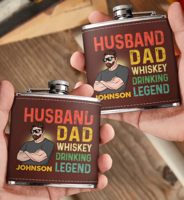 Personalized Dad Leather Flask - Father's Day Gift Idea For Dad - Husband Dad Whiskey Drinking Legend