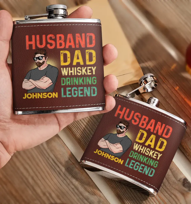 Personalized Dad Leather Flask - Father's Day Gift Idea For Dad - Husband Dad Whiskey Drinking Legend