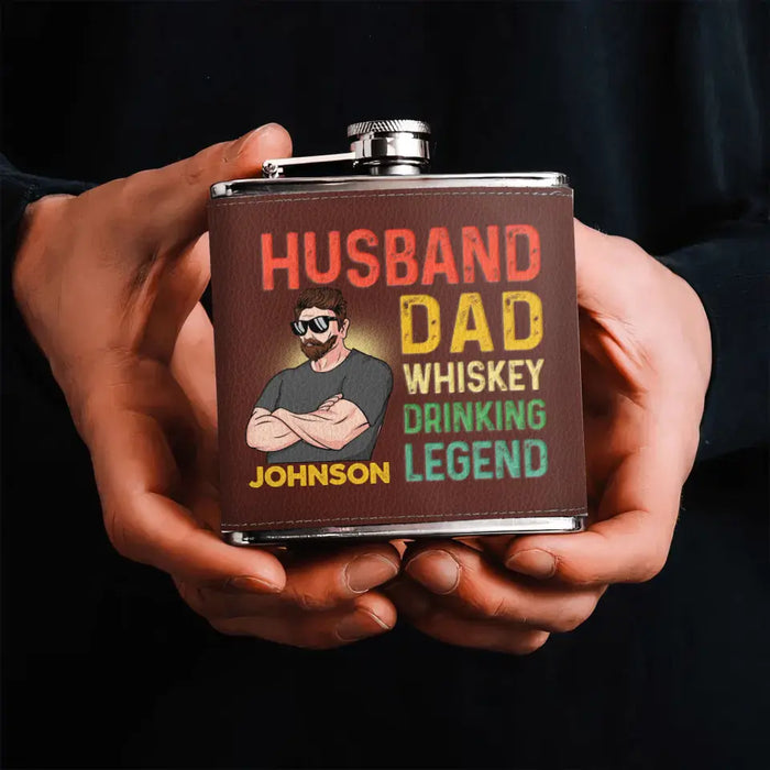 Personalized Dad Leather Flask - Father's Day Gift Idea For Dad - Husband Dad Whiskey Drinking Legend