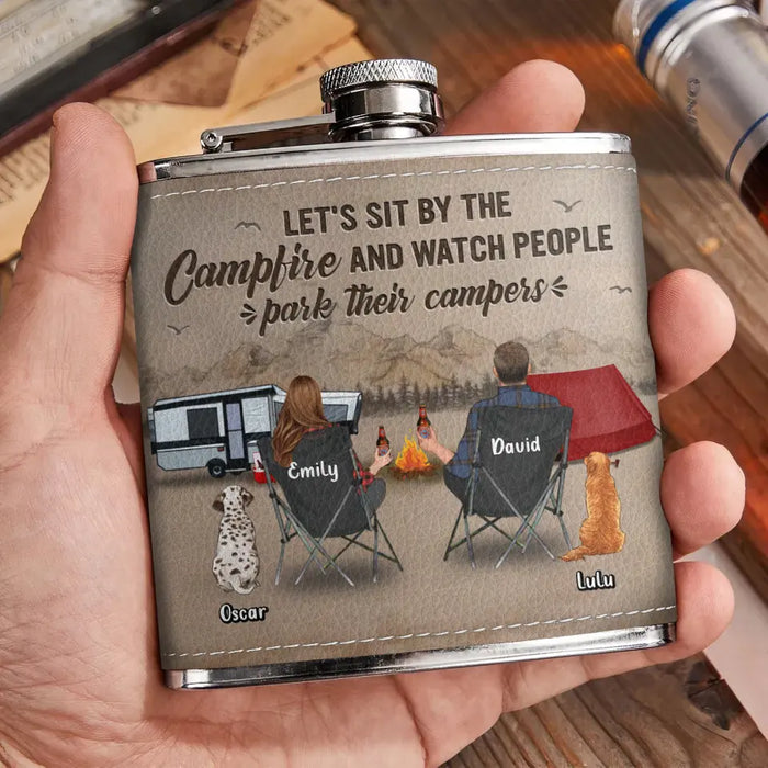 Personalized Camping Leather Flask - Gift Idea For Camping Lover/Couple/Family - Couple/Parents With Up to 3 Kids And 2 Pets - Let's Sit By The Campfire And Watch People Park Their Campers