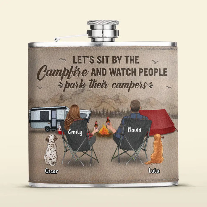 Personalized Camping Leather Flask - Gift Idea For Camping Lover/Couple/Family - Couple/Parents With Up to 3 Kids And 2 Pets - Let's Sit By The Campfire And Watch People Park Their Campers