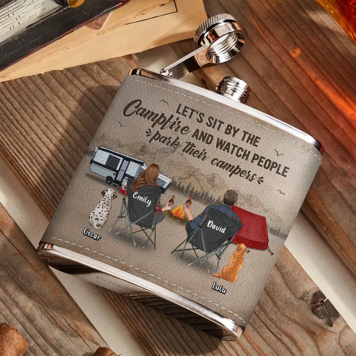 Personalized Camping Leather Flask - Gift Idea For Camping Lover/Couple/Family - Couple/Parents With Up to 3 Kids And 2 Pets - Let's Sit By The Campfire And Watch People Park Their Campers