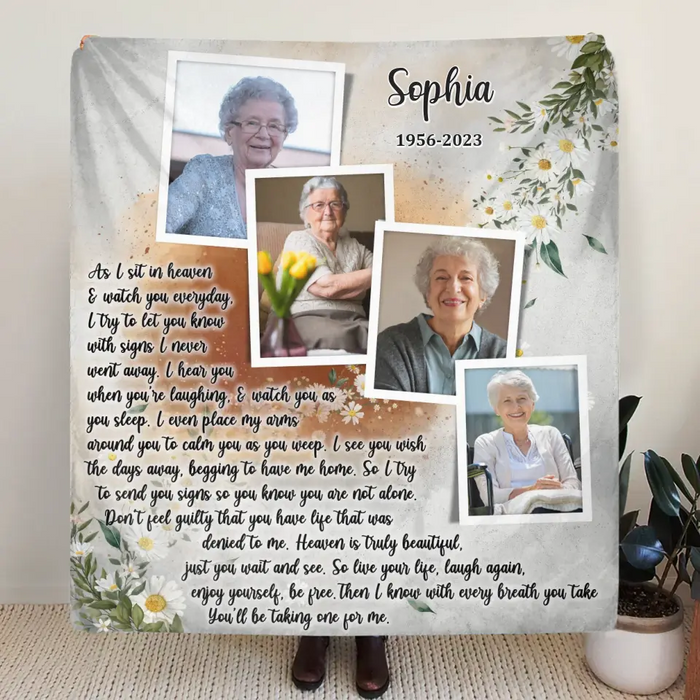 Personalized Memorial Photo Fleece Throw/Quilt Blanket - Upload Photo - Memorial Gift Idea For Family Member - As I Sit In Heaven & Watch You Everyday
