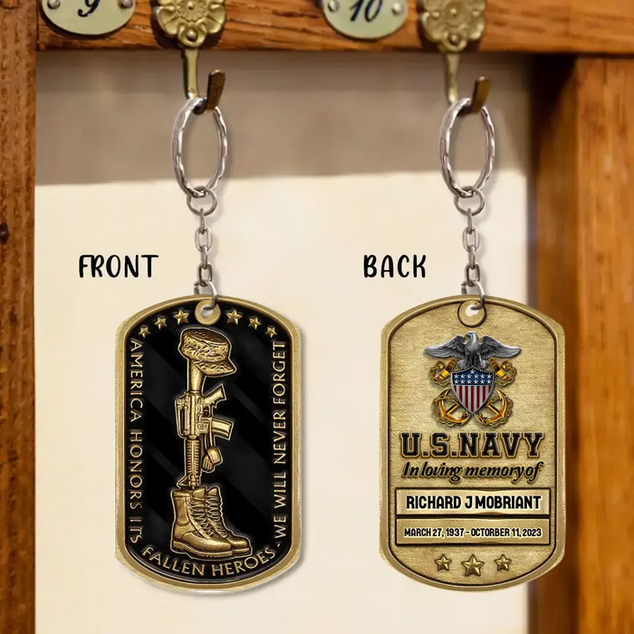 Personalized Memorial Veteran Aluminum Keychain - Gift Idea For Dad/Father's Day/Veteran - We Will Never Forget