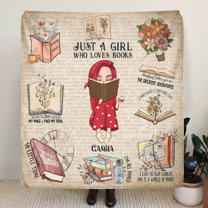 Personalized Reading Girl Quilt/Fleece Throw Blanket/Pillow Cover - Gift Idea For Book Lover - Just A Girl Who Loves Books