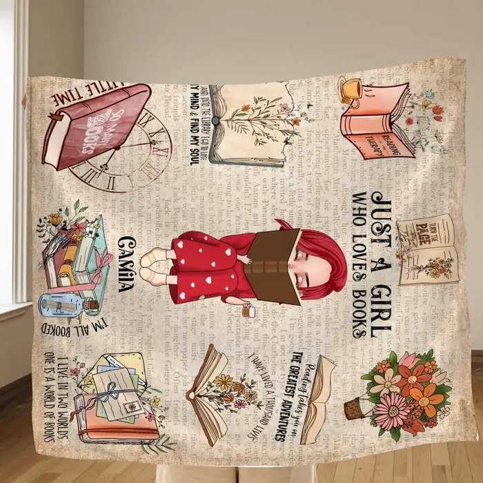 Personalized Reading Girl Quilt/Fleece Throw Blanket/Pillow Cover - Gift Idea For Book Lover - Just A Girl Who Loves Books