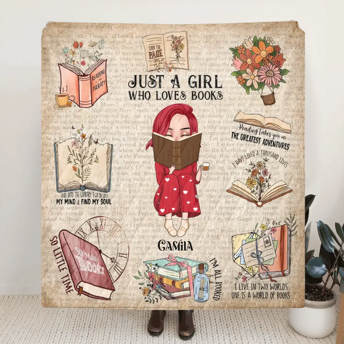 Personalized Reading Girl Quilt/Fleece Throw Blanket/Pillow Cover - Gift Idea For Book Lover - Just A Girl Who Loves Books