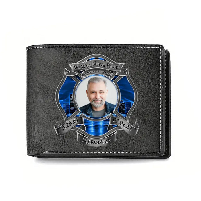 Personalized Memorial Firefighter Leather Wallet - Memorial Gift Idea for Father's Day - We Will Never Forget