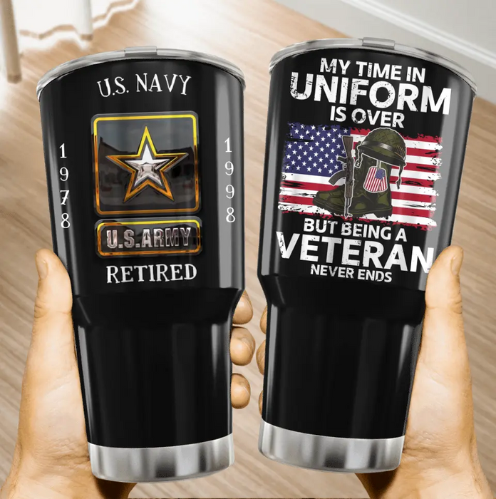 Personalized Retired Veteran Irregular Tumbler - Father's Day Gift Idea for Veteran - My Time In Uniform Is Over But Being A Veteran Never Ends
