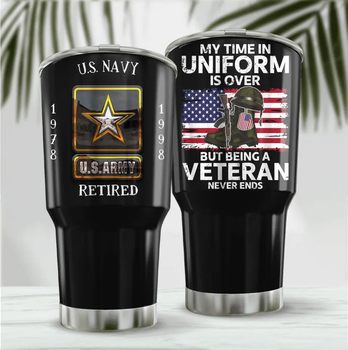 Personalized Retired Veteran Irregular Tumbler - Father's Day Gift Idea for Veteran - My Time In Uniform Is Over But Being A Veteran Never Ends