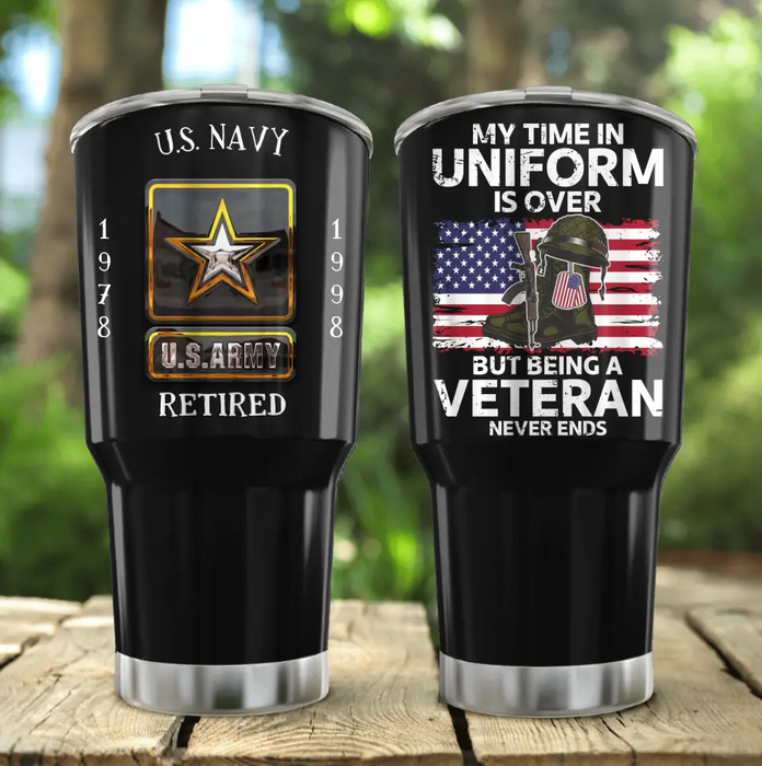Personalized Retired Veteran Irregular Tumbler - Father's Day Gift Idea for Veteran - My Time In Uniform Is Over But Being A Veteran Never Ends
