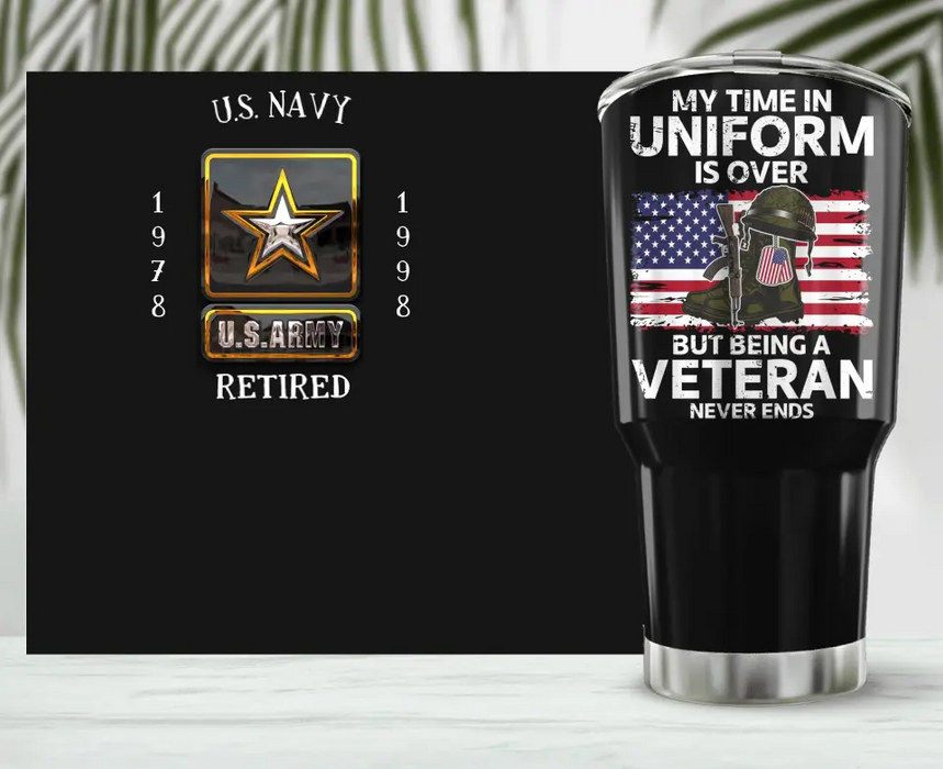 Personalized Retired Veteran Irregular Tumbler - Father's Day Gift Idea for Veteran - My Time In Uniform Is Over But Being A Veteran Never Ends