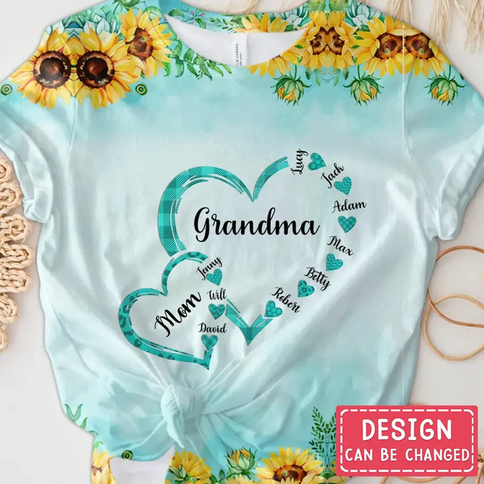 Personalized Mom Grandma Hearts T-shirt - Gift Idea For Mother/Grandma - Up to 6 Kids And 12 Grandkids