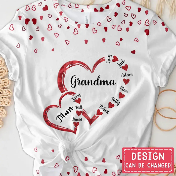 Personalized Mom Grandma Hearts T-shirt - Gift Idea For Mother/Grandma - Up to 6 Kids And 12 Grandkids
