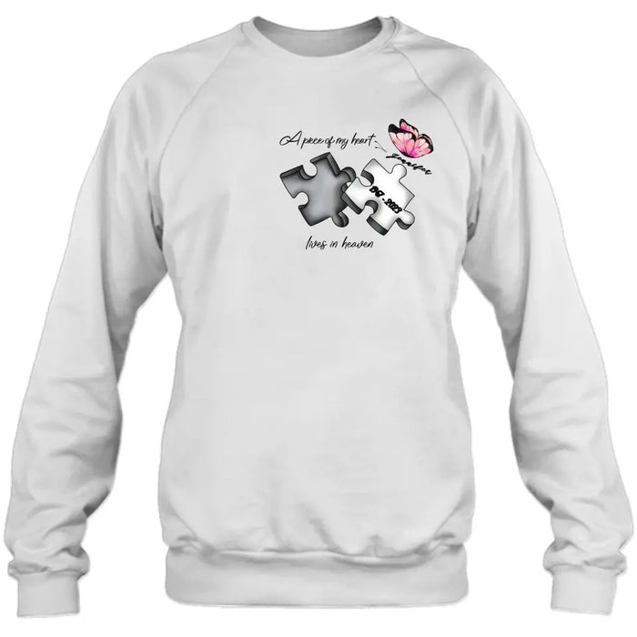 Personalized Memorial Butterfly Shirt/Hoodie - Memorial Gift Idea For Family Member - A Piece Of My Heart Lives In Heaven