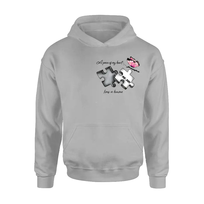 Personalized Memorial Butterfly Shirt/Hoodie - Memorial Gift Idea For Family Member - A Piece Of My Heart Lives In Heaven